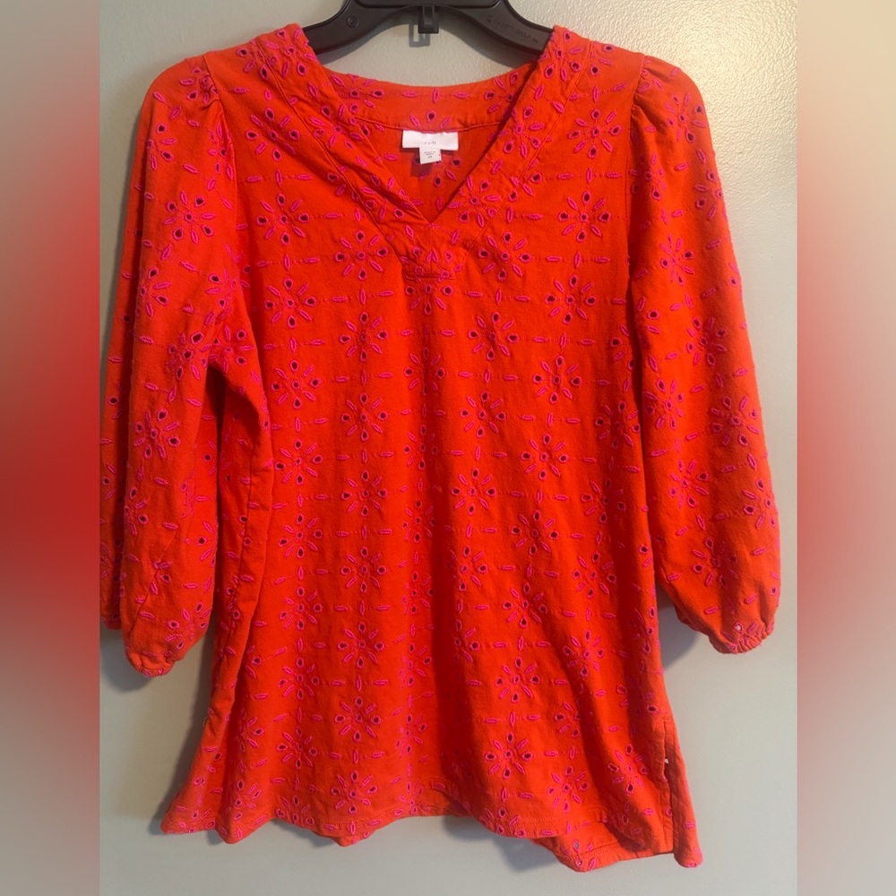 J. Jill Orange Pink cotton Embroidered Eyelet Tunic blouse size XS